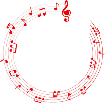 Red heart shape music notes, round musical border