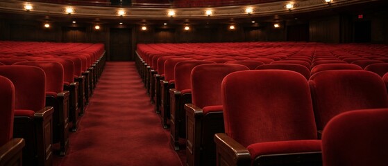 Fototapeta premium Empty red velvet seats in a classic theater or concert hall interior