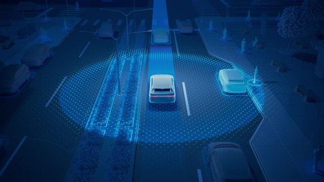 3D Animation Illustrating Technology, Radars and Sensors for Autonomous Vehicle. Driverless Car Driving Through City Streets. Fully Autonomous AI-Powered Self-Driving Taxi.