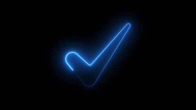 Glowing blue neon checkmark symbol animation on black background, for success and, approval