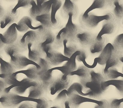 Seamless abstract doodle pattern with dark grey and charcoal airbrush effect on cream background, textile print.