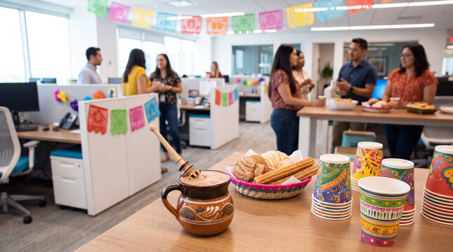 Mexican hot chocolate and colorful cups are on an office desk for Hispanic Heritage Month celebration