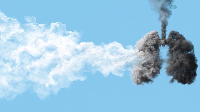 Conceptual image of air transitioning from clean to polluted represented by lungs emitting smoke and clouds