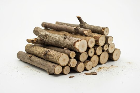 Stack of small wooden logs isolated on white background