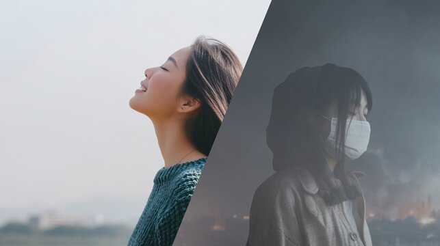A person relishing the fresh air in nature while another struggles with the harshness of urban pollution