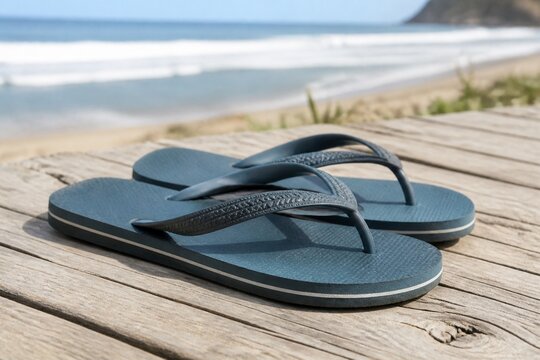 Pair of blue rubber flip-flops on a weathered wooden boardwalk overlooking the ocean