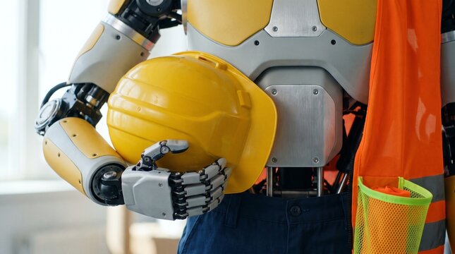 A detailed humanoid robot in an industrial workshop holding a yellow hard hat and carrying a tool case, demonstrating safe automation in modern manufacturing.