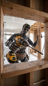 Framed by a raw-timber window opening, an advanced, highly detailed cybernetic android performs an intricate power drill fastening task inside a developing construction site.