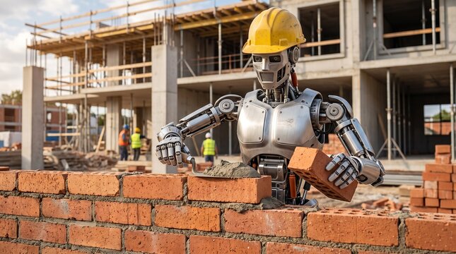 A sophisticated humanoid robot builder wearing a yellow hard hat meticulously applies mortar and lays a brick, automating traditional construction work on a busy site.