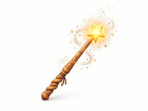 Wooden magic wand with a glowing star tip on a white background