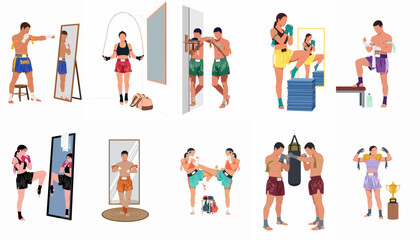 Fototapeta premium Flat vector illustration set of male and female Muay Thai fighters training, shadow boxing, jumping rope, and celebrating victory.