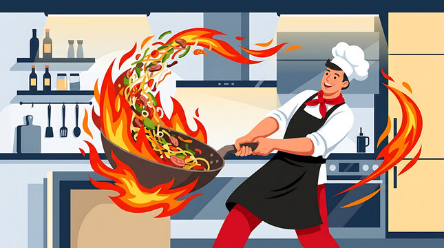 Skilled Chef Masterfully Tossing a Flaming Stir-Fry in a Wok with Intense Heat