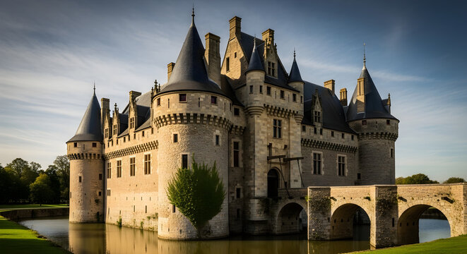Majestic medieval stone castle with moat and arched bridge