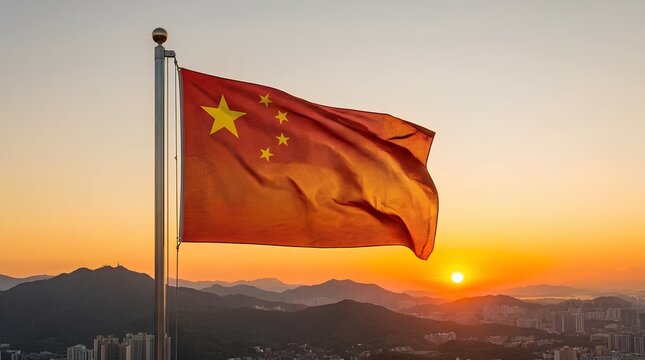 Waving chinese flag against a dramatic sunset sky with cityscape