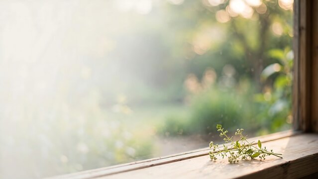 Fresh green herb sprig resting on a sunlit wooden windowsill with soft bokeh and warm natural light.