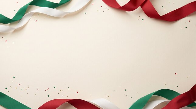 Mexican Independence Day background with red white and green ribbons, festive confetti and elegant central copy space for patriotic celebration design