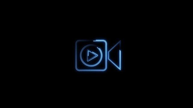 Glowing blue neon video player camera icon animation isolated on black background. Modern glowing media player and video recording UI element loop for multimedia projects.