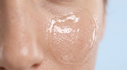 Fototapeta premium Close up of transparent cosmetic gel or hydrating serum smeared on a woman's cheek.