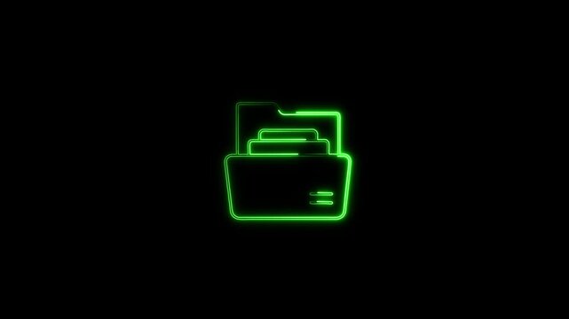 Glowing green neon document folder with files animation isolated on black background. Modern file organization and data storage UI element loop for tech design projects.