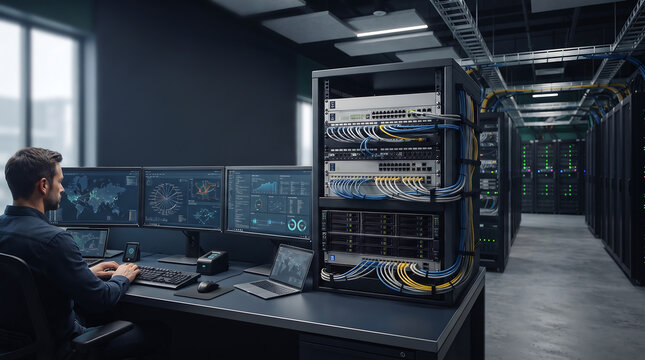 It Professional Monitoring Data Center Servers with Cybersecurity Analytics and Network Infrastructure. Technology Syste