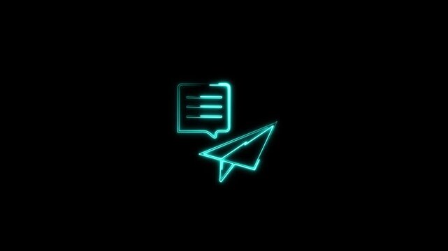 Glowing cyan neon paper airplane and speech bubble animation on black background. Modern neon messaging, send message, and digital chat communication video loop.