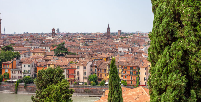 Panoramic Aerial View of old City Skyline with Adige River and Lamberti Tower Verona Italy.