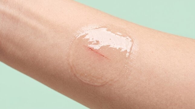 Small scratch cut covered by clear circular hydrocolloid bandage patch