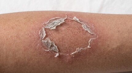 Fototapeta premium Close up of circular peeling skin patch with raw red epidermis, popped blister, sunburn or healing wound recovery