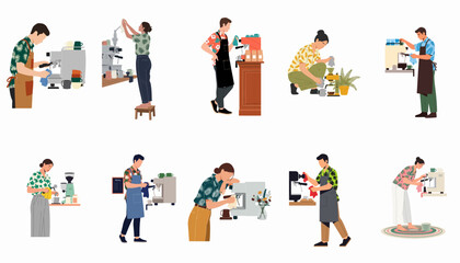 Fototapeta premium Collection of flat vector illustrations depicting diverse baristas operating coffee machines and preparing various drinks in a modern cafe setting.