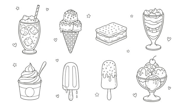 Line art coloring set of ice cream treats popsicles and desserts on white background