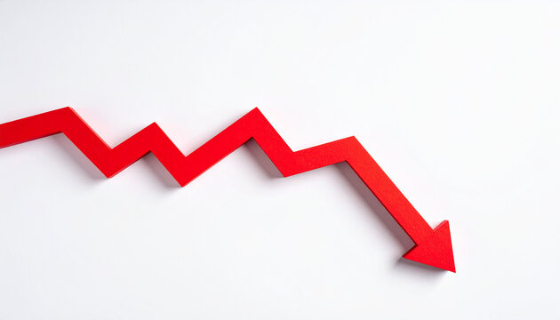 Minimalist business graph with bold red downward arrow descending sharply across white background, simple red line chart, modern financial decline and business risk concept. Close-up.