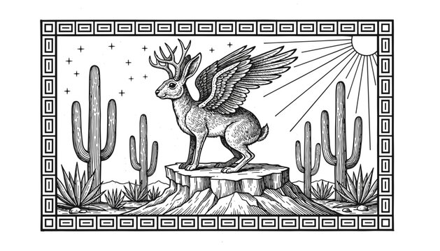 Mythical horned jackalope with wings standing on cliff in desert landscape with saguaro cactus vintage engraving