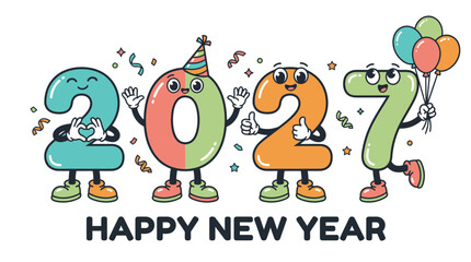 Fototapeta premium Cartoon character numbers 2027 celebrating happy new year 4.