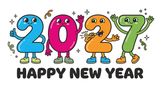 Cartoon character numbers 2027 celebrating happy new year 2.
