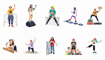 Fototapeta premium Set of flat vector illustrations featuring diverse young people in various poses at a music festival, concert, or outdoor event.
