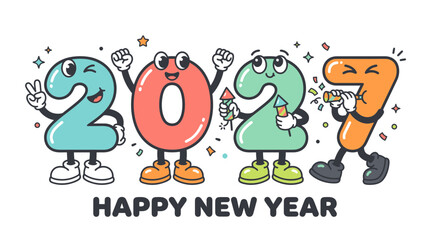 Fototapeta premium Cartoon Characters Representing the Year 2027 Celebrating Happy New Year 3.