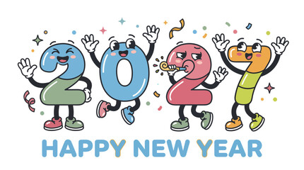 Fototapeta premium Cartoon characters representing the year 2027 celebrating with a Happy New Year message.