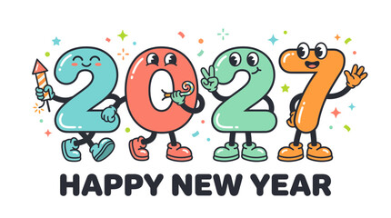 Fototapeta premium Cartoon Characters Representing The Year 2027 Celebrating New Year.