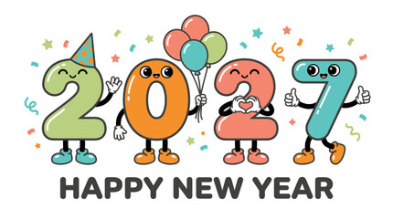Fototapeta premium Cartoon characters representing the year 2027 with festive party elements.