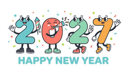 Naklejka premium Cartoon characters shaped like the numbers 2027 celebrating happy new year 3.