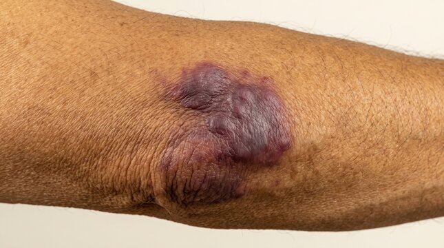 Close up of human arm with large dark purple bruise, hematoma, contusion or subcutaneous bleeding from trauma