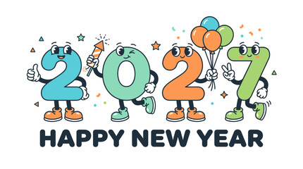 Fototapeta premium Cartoon mascot characters representing the year 2027 for New Year celebration.