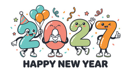 Fototapeta premium Cartoon mascot numbers celebrating 2027 Happy New Year.