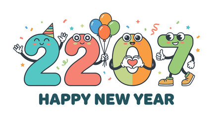 Fototapeta premium Cartoon number characters 2207 celebrating with party hat balloons and confetti for happy new year greeting.