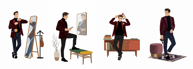 Set of illustrations featuring a stylish man in a burgundy velvet blazer posing in modern interior scenes with a mirror, phone, and camera.