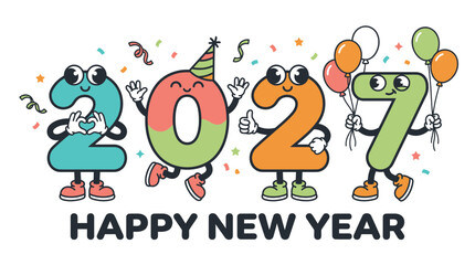 Naklejka premium Happy New Year 2027 Cartoon Character Numbers Celebration 1.