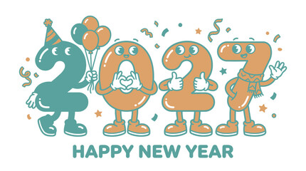 Naklejka premium Retro Cartoon Happy New Year 2027 Mascot Illustration.