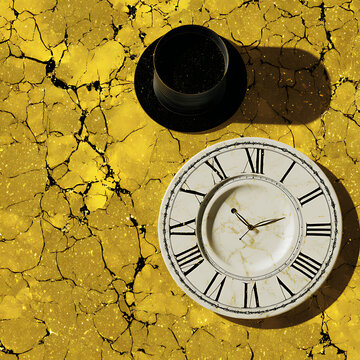A yellow clock face with black Roman numerals