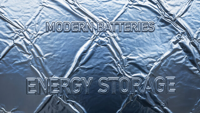 Modern batteries energy storage text embossed on crumpled silver aluminum foil background represents advanced renewable energy technology and metal raw materials.