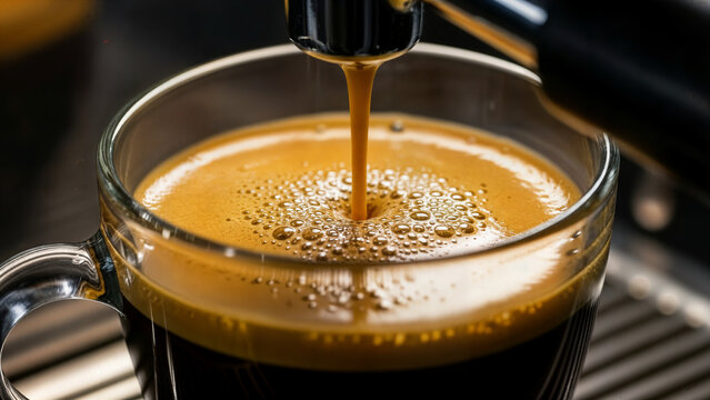 Fresh espresso coffee pouring into clear glass cup with rich golden crema and bubbles on surface captures morning routine and professional barista preparation.